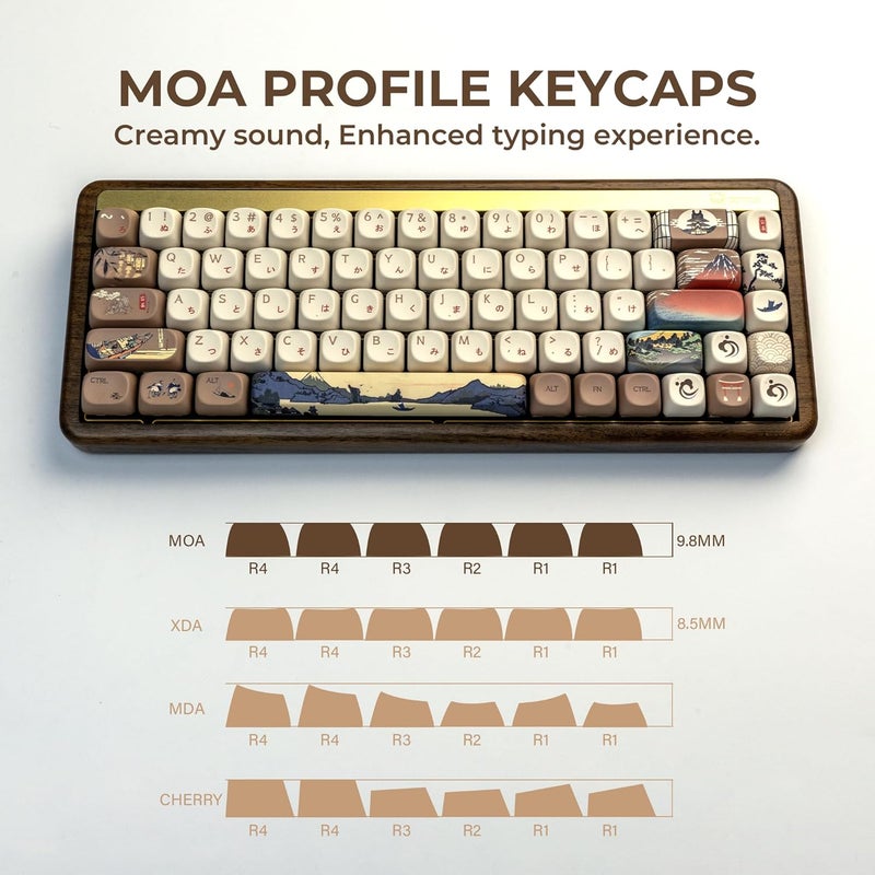 OHY XVX MOA Profile Japanese Fuji Mountain Theme PBT Keycaps Set, 140-Key Coffee & Cream Custom Keycaps for US Layout Mechanical Keyboards (Brown/Beige Design with Key Puller) - Image 2